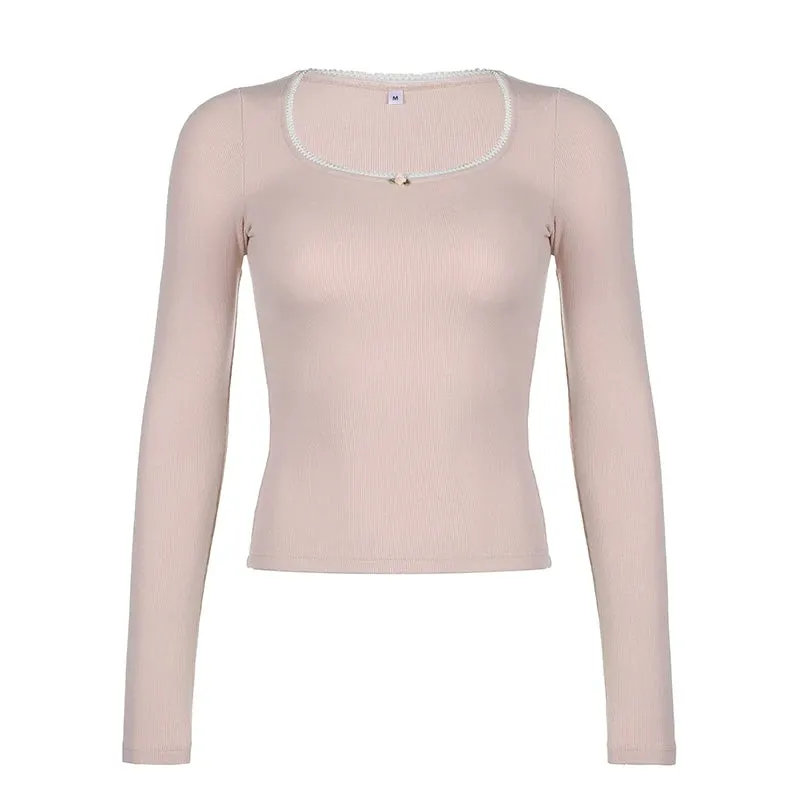 مجموعة اروين التجارية ARWEN&AJH GROUP  2024 European Sweet Pink Lace Trim Long Sleeve Corset Crop Tops Korean Style Cute Aesthetic Slim T-Shirt Women Basic Tees Autumn Pullovers