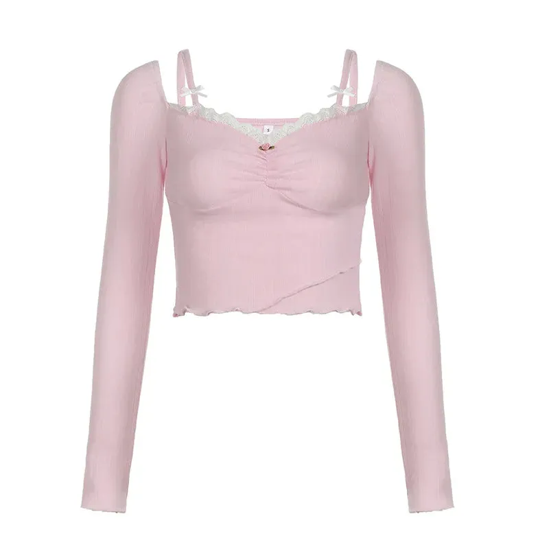 مجموعة اروين التجارية ARWEN&AJH GROUP  2024 European Sweet Pink Lace Trim Long Sleeve Corset Crop Tops Korean Style Cute Aesthetic Slim T-Shirt Women Basic Tees Autumn Pullovers
