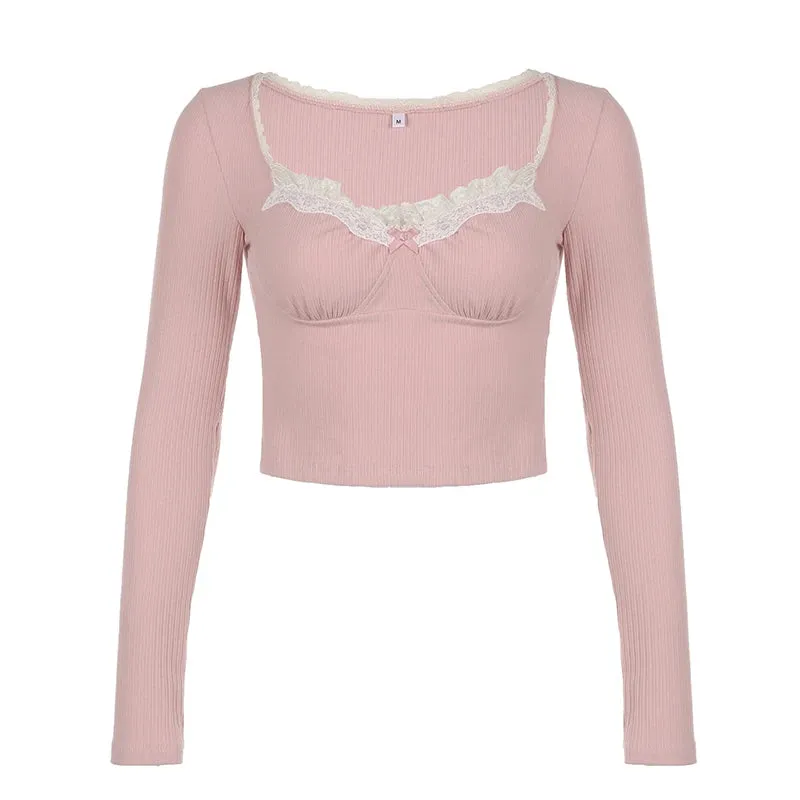 مجموعة اروين التجارية ARWEN&AJH GROUP  2024 European Sweet Pink Lace Trim Long Sleeve Corset Crop Tops Korean Style Cute Aesthetic Slim T-Shirt Women Basic Tees Autumn Pullovers