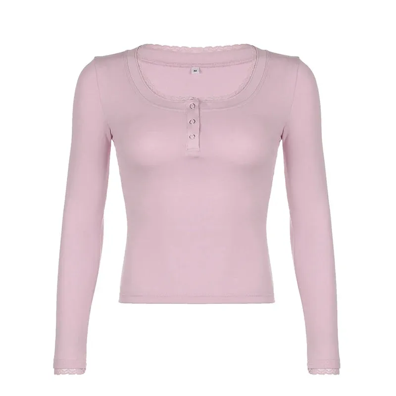 مجموعة اروين التجارية ARWEN&AJH GROUP  2024 European Sweet Pink Lace Trim Long Sleeve Corset Crop Tops Korean Style Cute Aesthetic Slim T-Shirt Women Basic Tees Autumn Pullovers