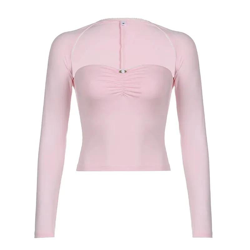 مجموعة اروين التجارية ARWEN&AJH GROUP  2024 European Sweet Pink Lace Trim Long Sleeve Corset Crop Tops Korean Style Cute Aesthetic Slim T-Shirt Women Basic Tees Autumn Pullovers