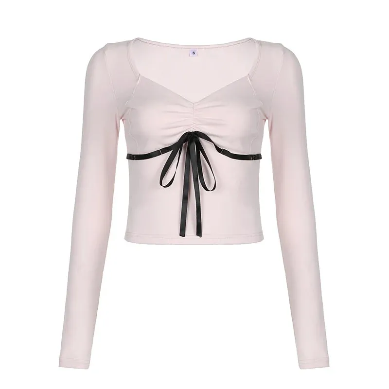 مجموعة اروين التجارية ARWEN&AJH GROUP  2024 European Sweet Pink Lace Trim Long Sleeve Corset Crop Tops Korean Style Cute Aesthetic Slim T-Shirt Women Basic Tees Autumn Pullovers