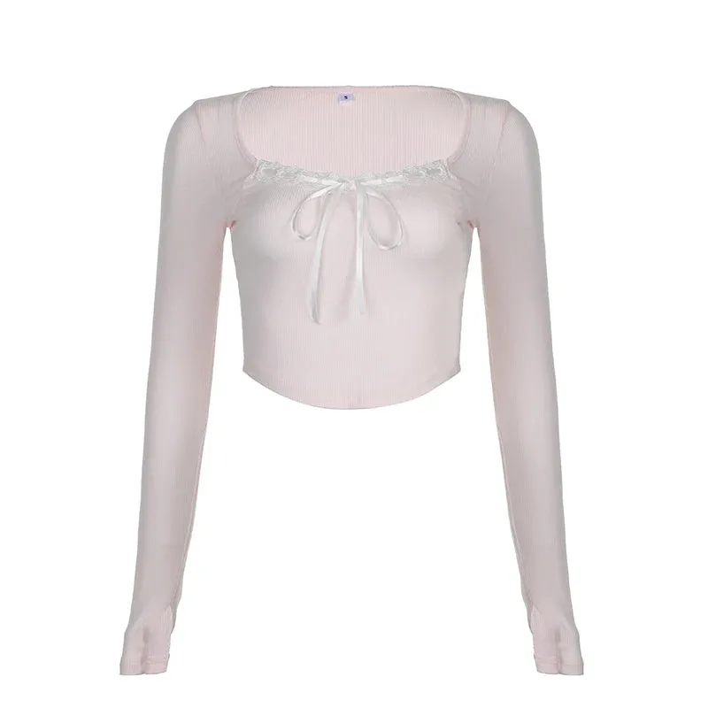 مجموعة اروين التجارية ARWEN&AJH GROUP  2024 European Sweet Pink Lace Trim Long Sleeve Corset Crop Tops Korean Style Cute Aesthetic Slim T-Shirt Women Basic Tees Autumn Pullovers