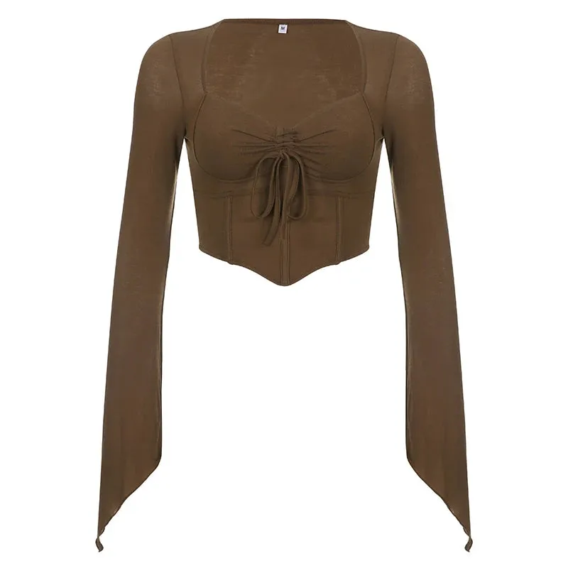 مجموعة اروين التجارية ARWEN&AJH GROUP  2024 European Sweet Pink Lace Trim Long Sleeve Corset Crop Tops Korean Style Cute Aesthetic Slim T-Shirt Women Basic Tees Autumn Pullovers