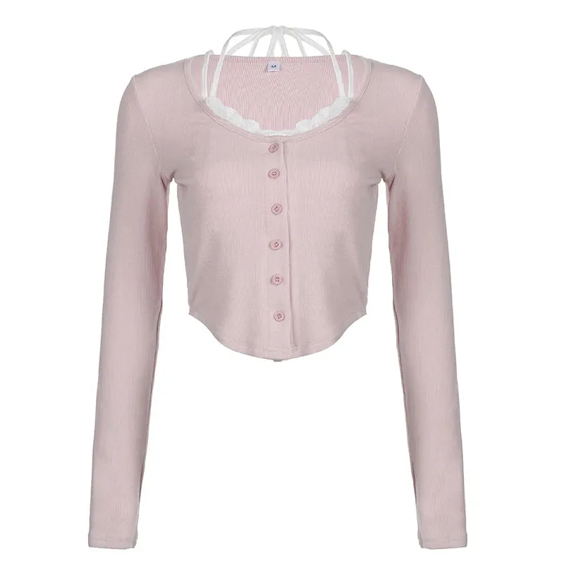مجموعة اروين التجارية ARWEN&AJH GROUP  2024 European Sweet Pink Lace Trim Long Sleeve Corset Crop Tops Korean Style Cute Aesthetic Slim T-Shirt Women Basic Tees Autumn Pullovers