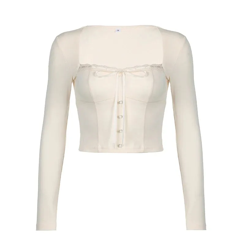 مجموعة اروين التجارية ARWEN&AJH GROUP  2024 European Sweet Pink Lace Trim Long Sleeve Corset Crop Tops Korean Style Cute Aesthetic Slim T-Shirt Women Basic Tees Autumn Pullovers