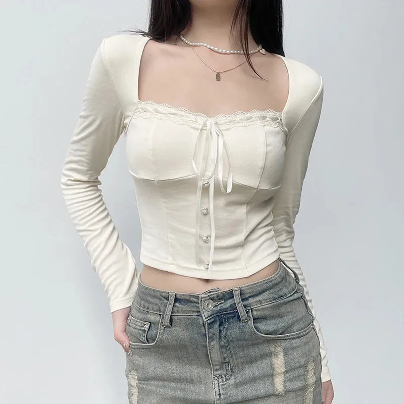 مجموعة اروين التجارية ARWEN&AJH GROUP  2024 European Sweet Pink Lace Trim Long Sleeve Corset Crop Tops Korean Style Cute Aesthetic Slim T-Shirt Women Basic Tees Autumn Pullovers