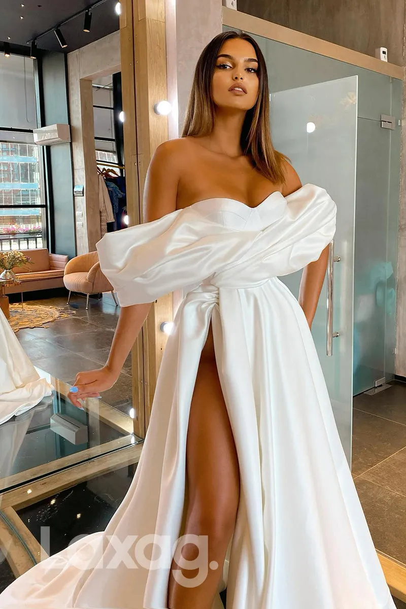 16858 - Off Shoulder Thigh Slit Satin Long Prom Dress