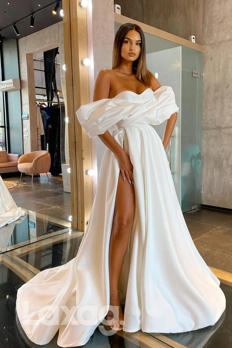 16858 - Off Shoulder Thigh Slit Satin Long Prom Dress