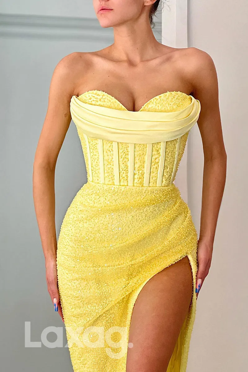 20776 - Sweetheart Bone Bodice Glitter Yellow Prom Dress
