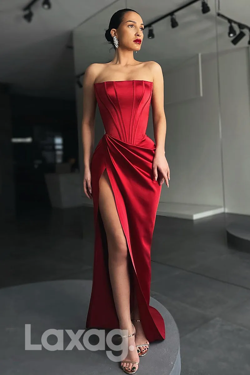 21789 - Strapless Thigh Slit Bone Bodice Red Prom Dress