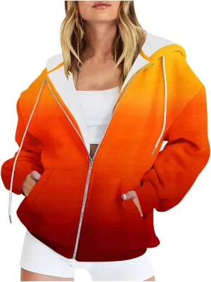 Bidobibo Zip Up Hoodie Women Gradient Color Pattern Zipper Hooded Plus Size Jacket Oversized Tunic Sweatshirt for Women