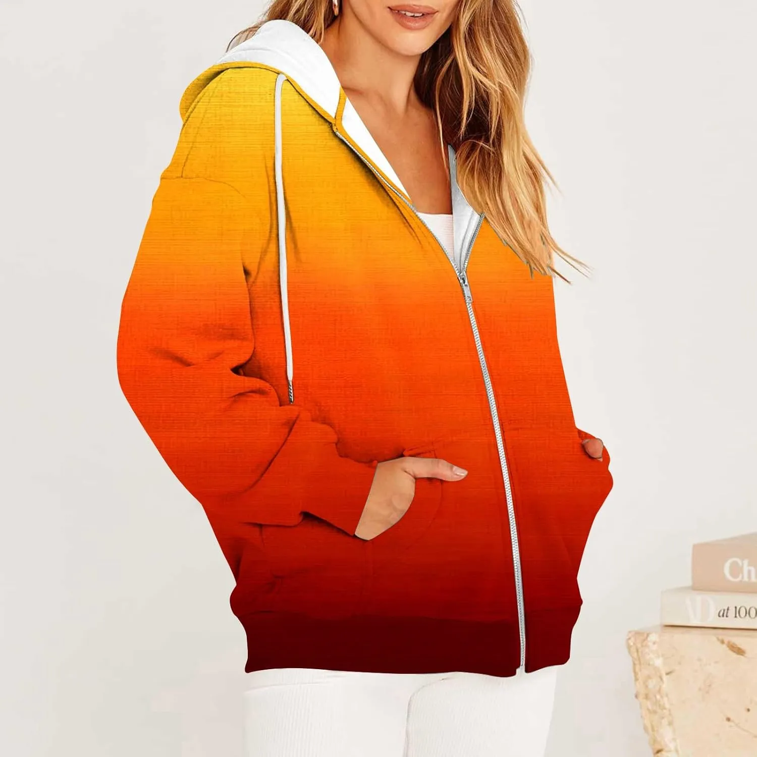 Bidobibo Zip Up Hoodie Women Gradient Color Pattern Zipper Hooded Plus Size Jacket Oversized Tunic Sweatshirt for Women