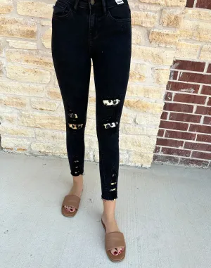 Black Leopard Patch Distressed Jeans