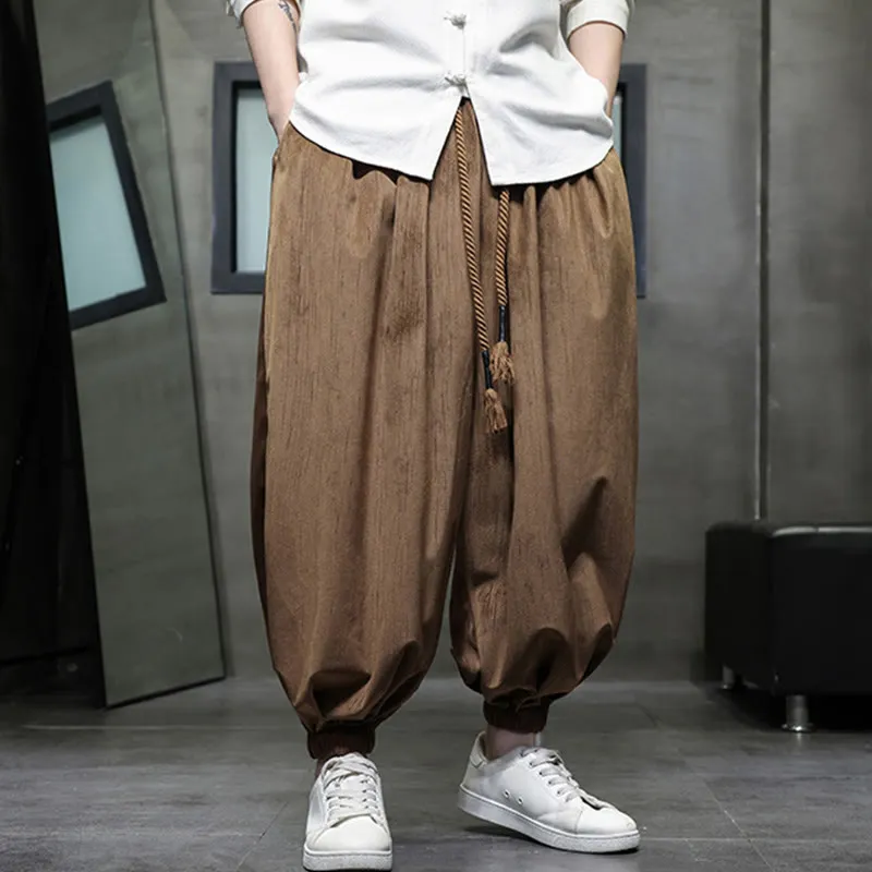 Buddha Stones Solid Color Corduroy Drawstring Thermal Men's Harem Pants With Pockets