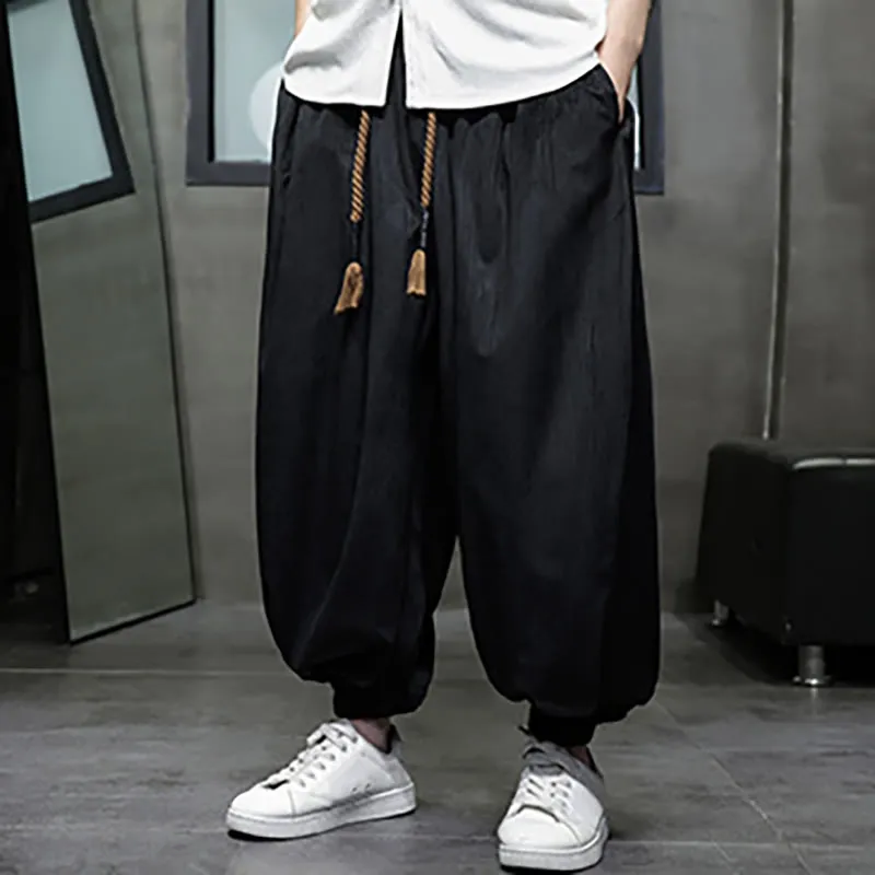 Buddha Stones Solid Color Corduroy Drawstring Thermal Men's Harem Pants With Pockets