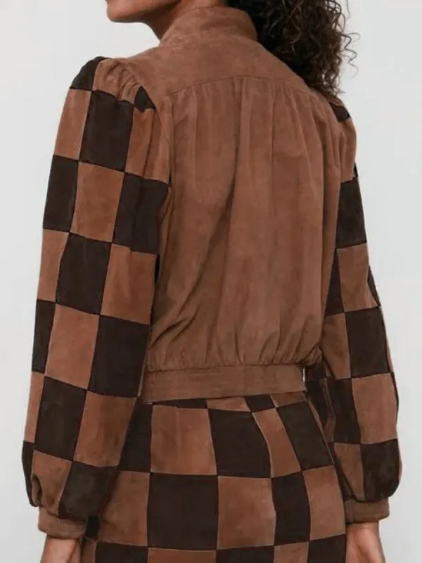 Buttoned Checkerboard Long Sleeves Stand Collar Outerwear Jackets