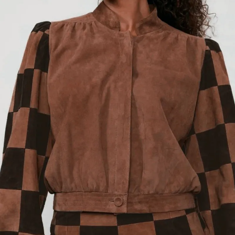 Buttoned Checkerboard Long Sleeves Stand Collar Outerwear Jackets