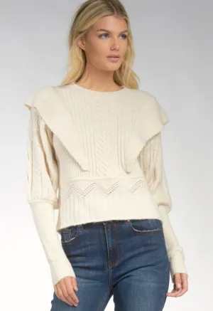 Cream Contrasting Textured Crew Neck Sweater w/ Ruffle Detail