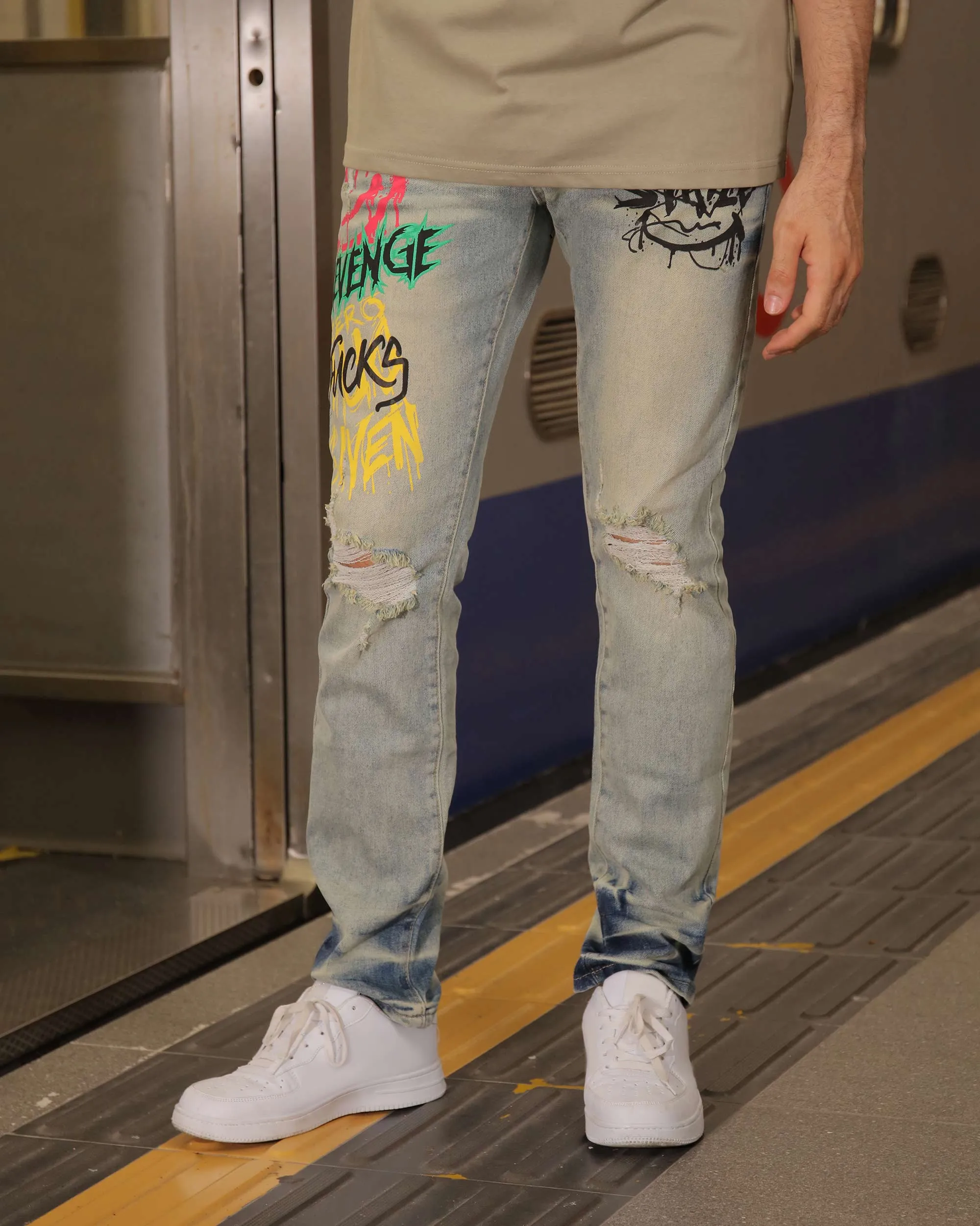Distressed Blue Jeans with Graffiti - Streetwear Style