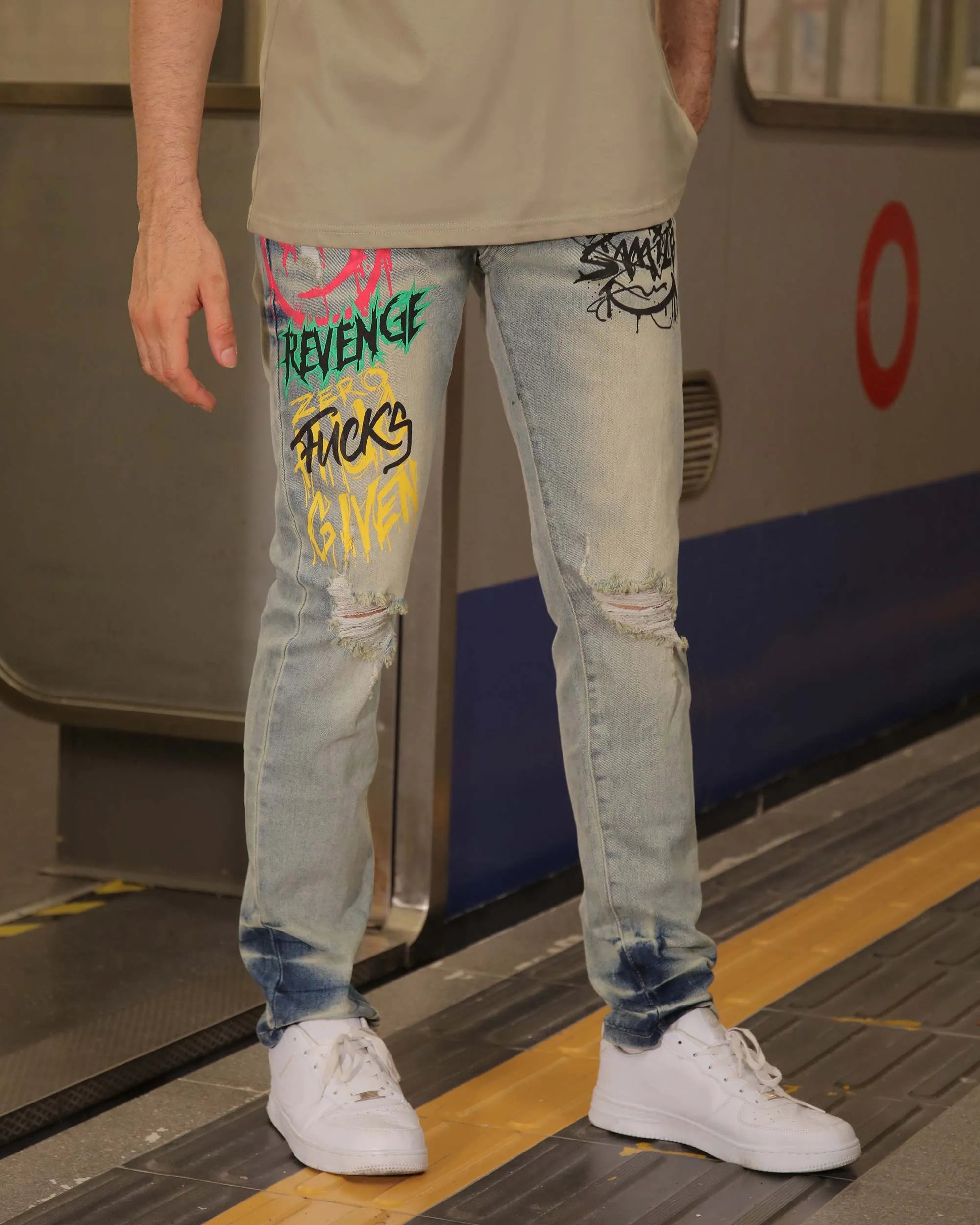 Distressed Blue Jeans with Graffiti - Streetwear Style