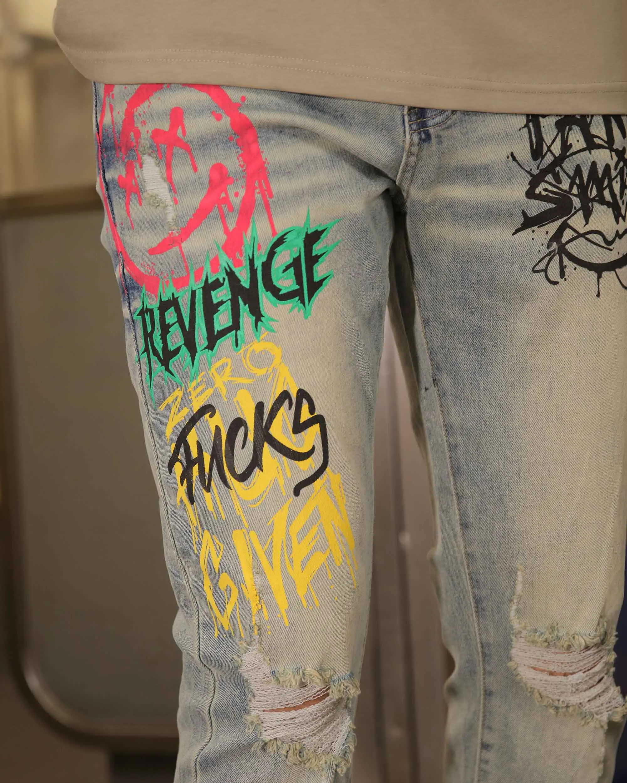Distressed Blue Jeans with Graffiti - Streetwear Style