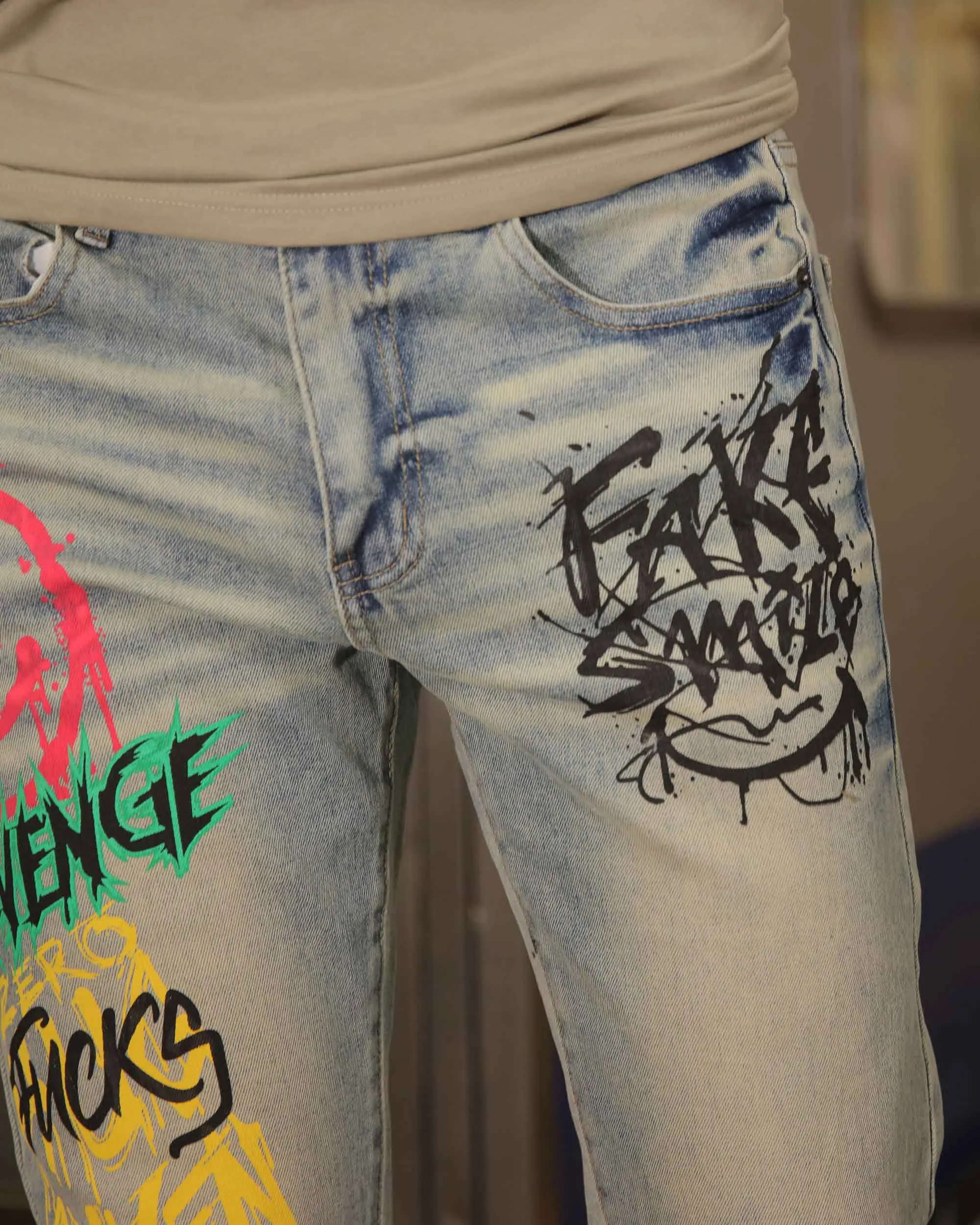 Distressed Blue Jeans with Graffiti - Streetwear Style