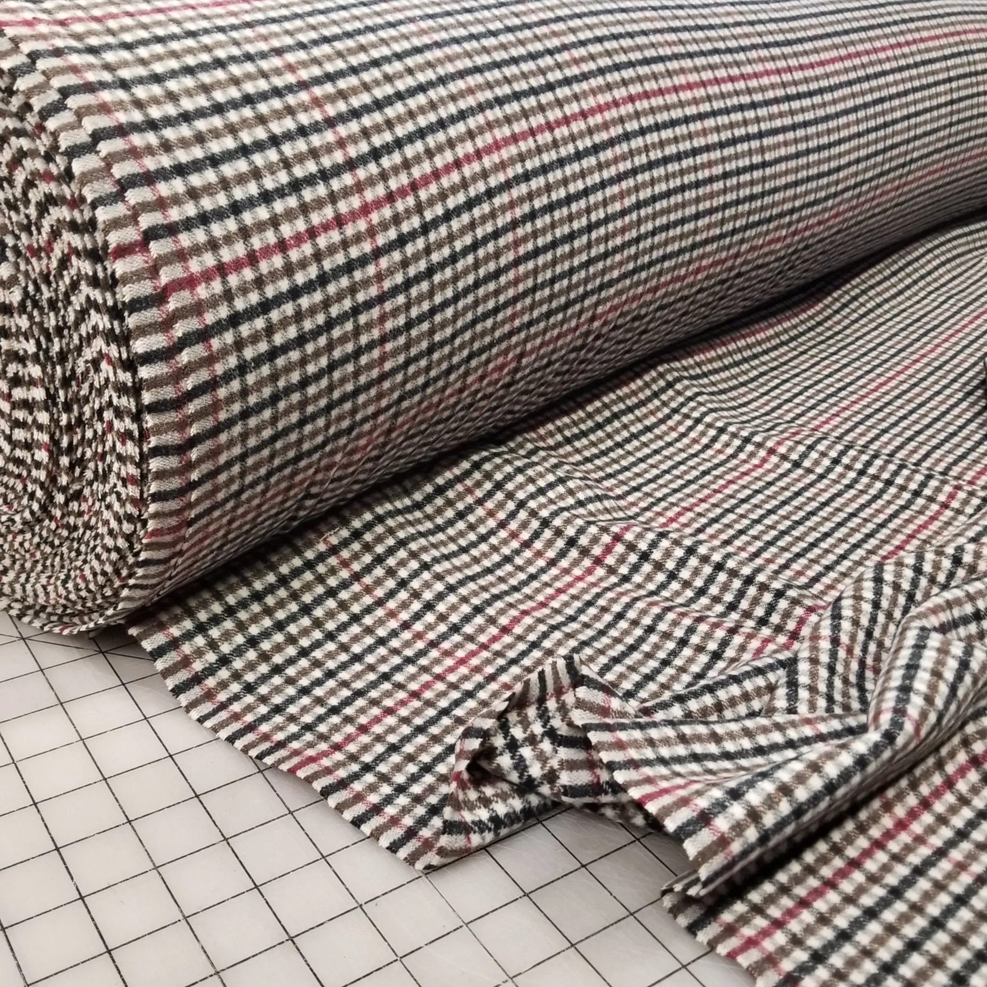 End of Bolt: 2-7/8th yards of Wool Blend Melton Olive and Burgundy Checks Woven-remnant