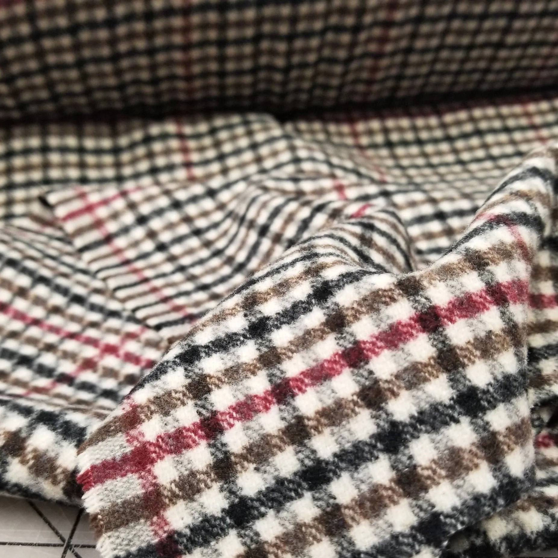 End of Bolt: 2-7/8th yards of Wool Blend Melton Olive and Burgundy Checks Woven-remnant