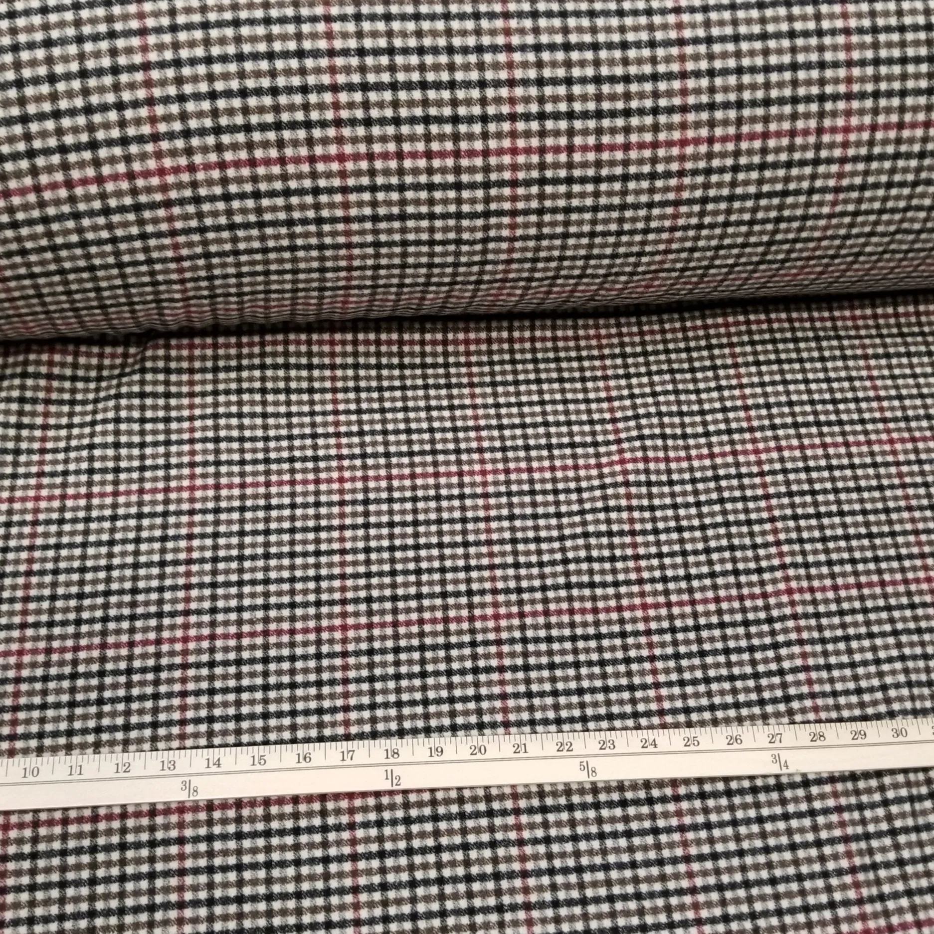 End of Bolt: 2-7/8th yards of Wool Blend Melton Olive and Burgundy Checks Woven-remnant