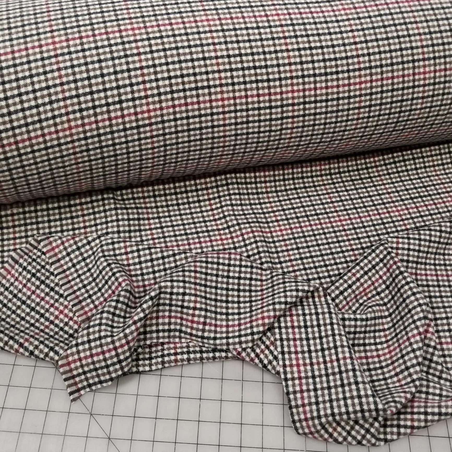 End of Bolt: 2-7/8th yards of Wool Blend Melton Olive and Burgundy Checks Woven-remnant