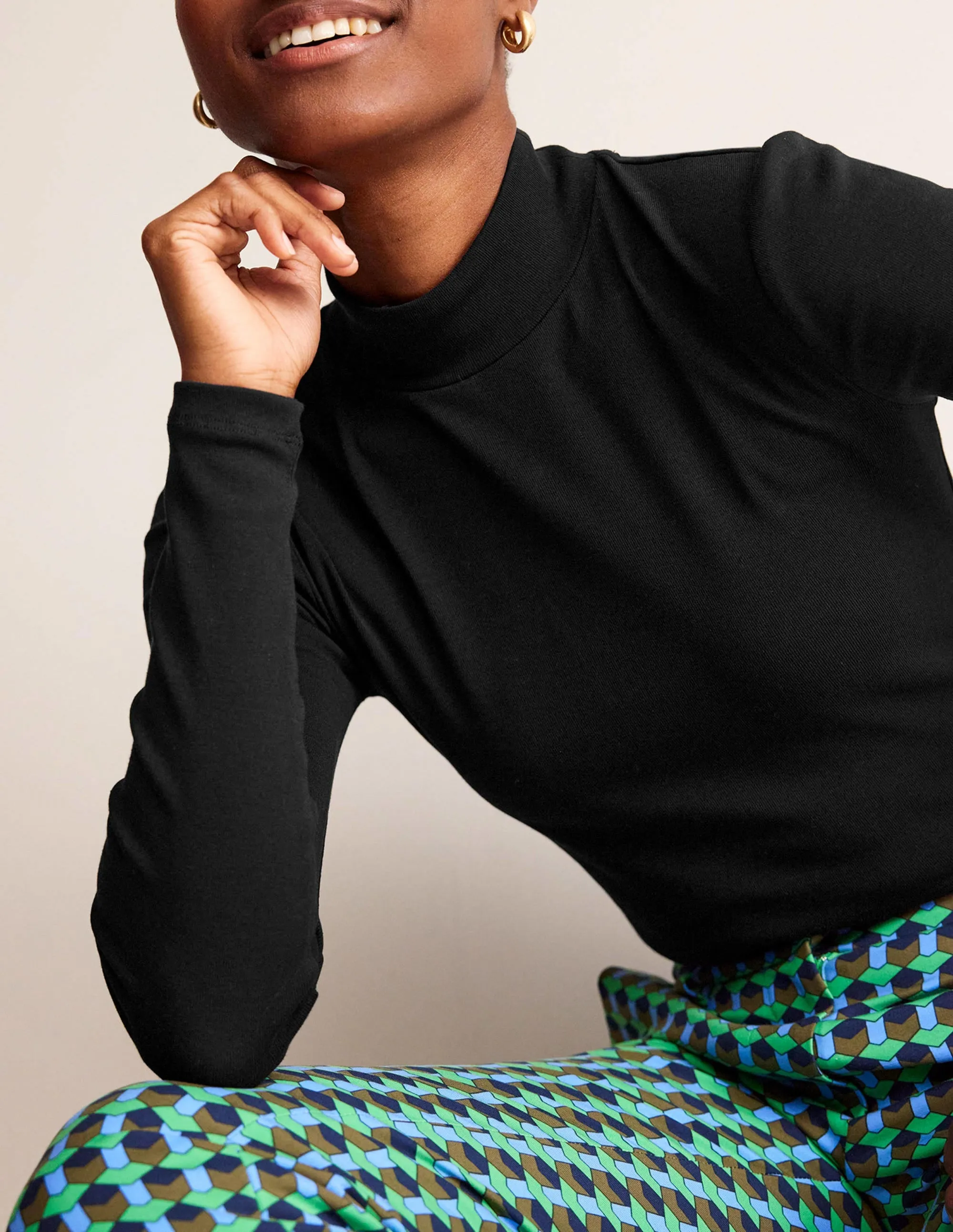 Essential High Neck Jersey Top-Black