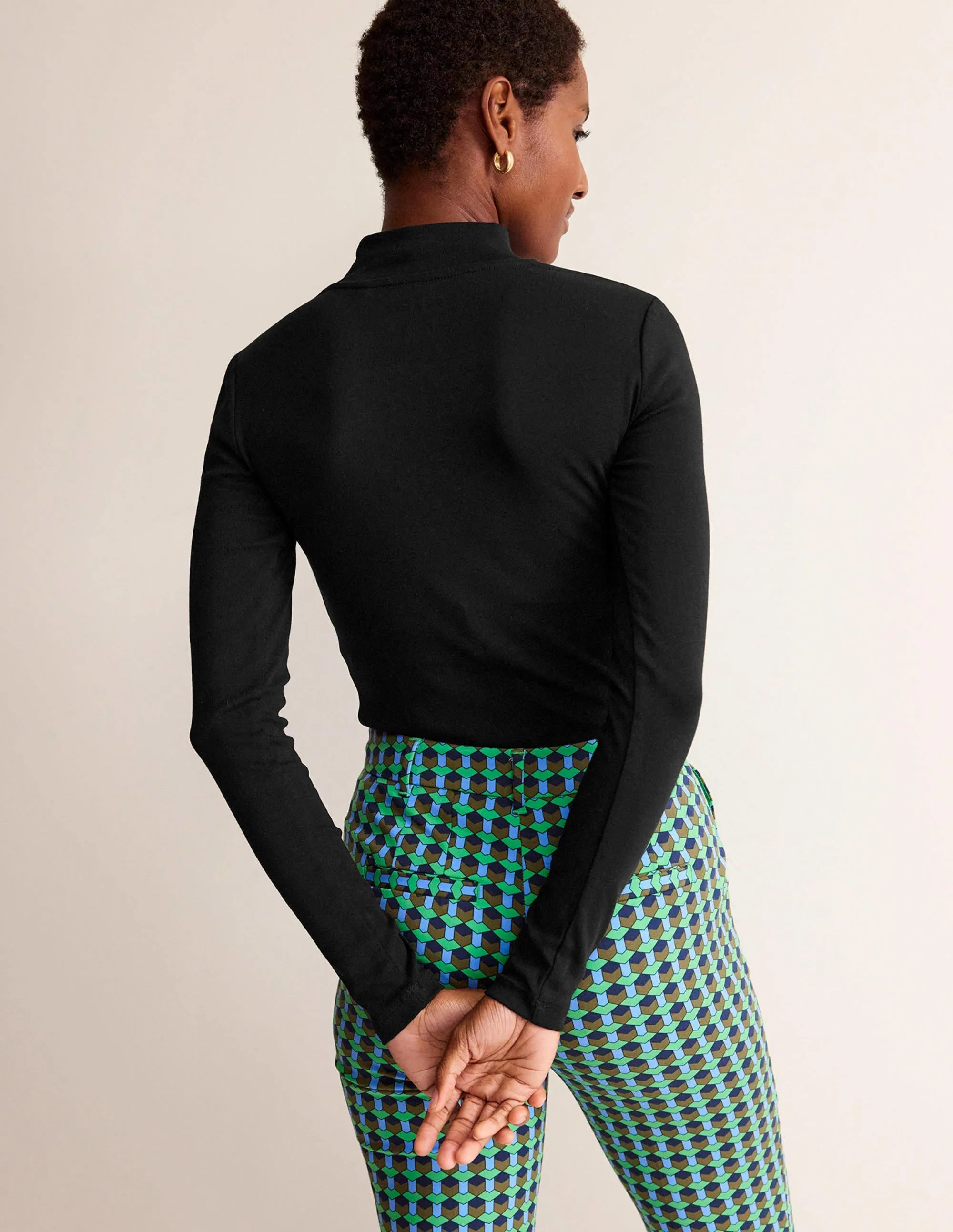 Essential High Neck Jersey Top-Black