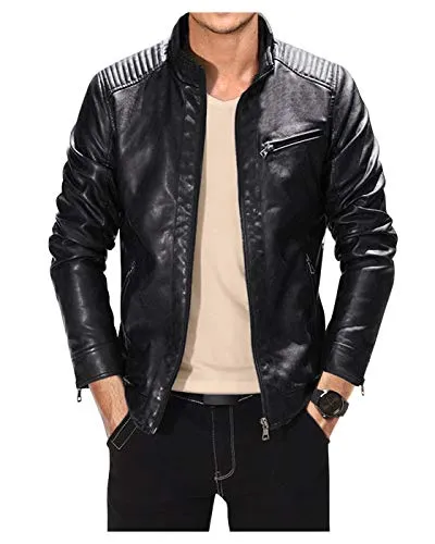 Fairylinks Leather Jacket Men Slim Fit Motorcyle Lightweight ,Black,Medium