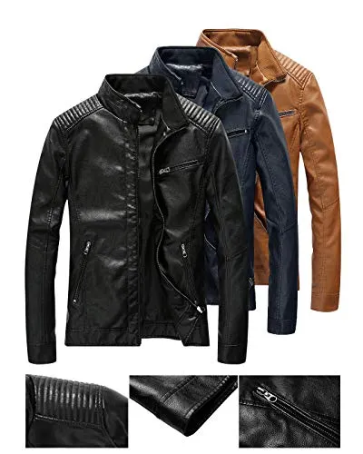 Fairylinks Leather Jacket Men Slim Fit Motorcyle Lightweight ,Black,Medium