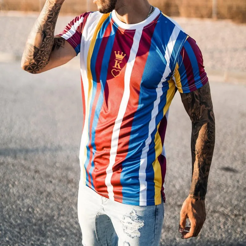 Fashion Peach Heart KING Stripe Print Casual Short Sleeve T-Shirt
