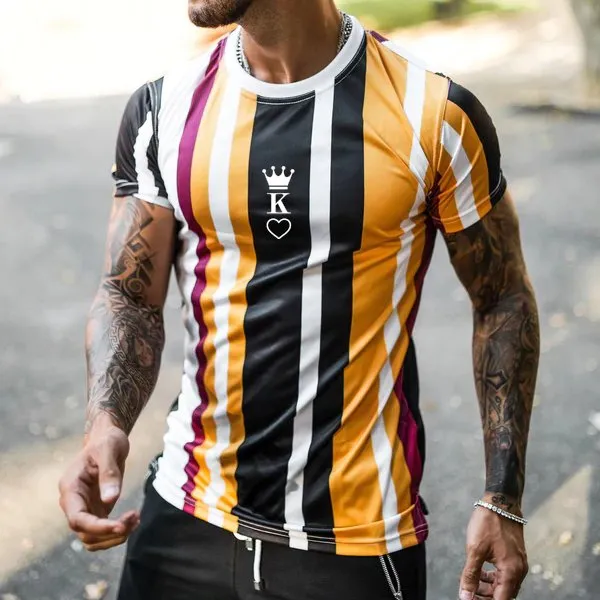 Fashion Peach Heart KING Stripe Print Casual Short Sleeve T-Shirt