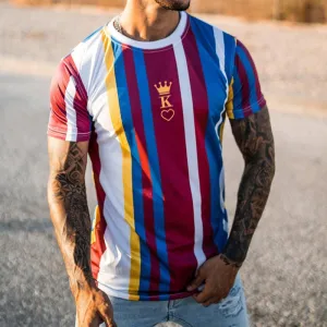 Fashion Peach Heart KING Stripe Print Casual Short Sleeve T-Shirt