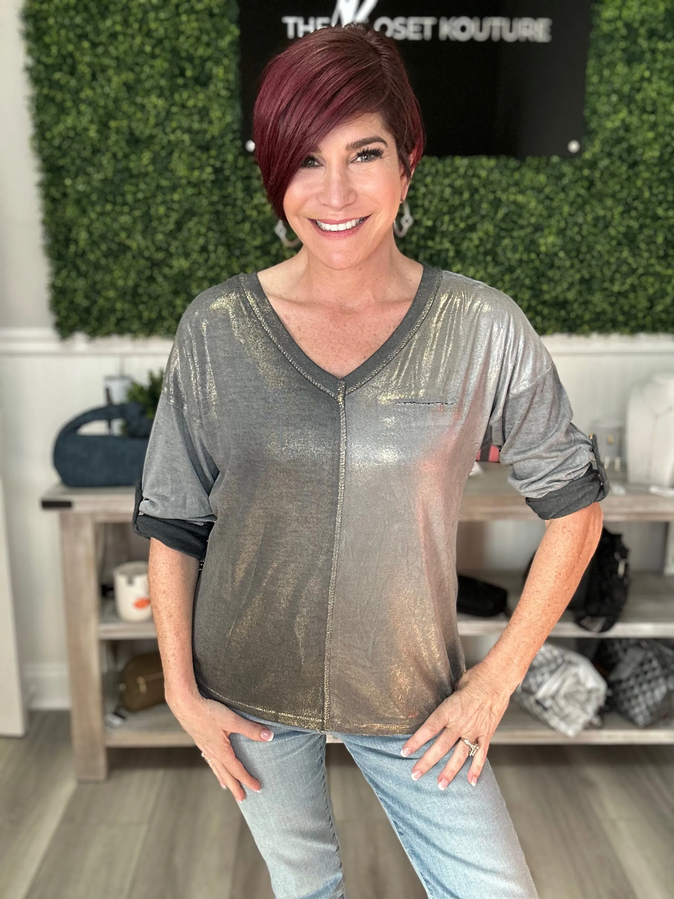 Foil Finish V Neck 3/4 Sleeve Top