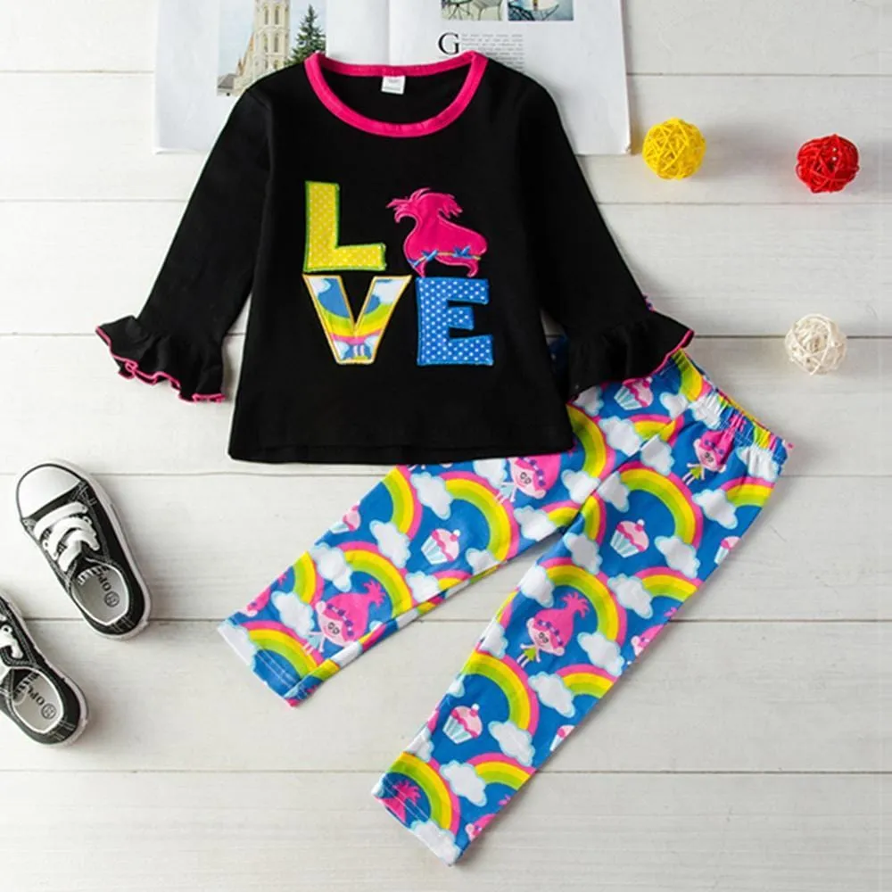 Girls Love Flare Sleeve Top & Rainbow Pants Kids Wholesale Clothing