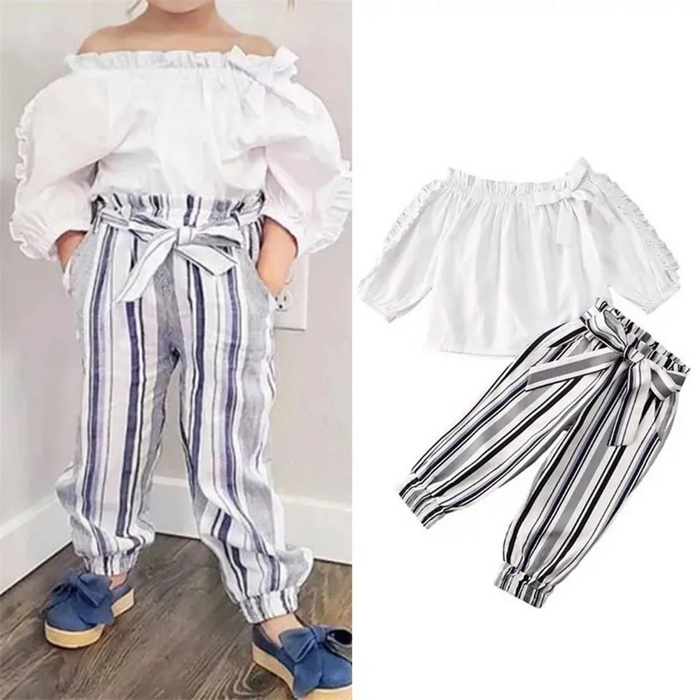 Girls Ruffed Bow Decor Long Sleeve Top & Striped Pants