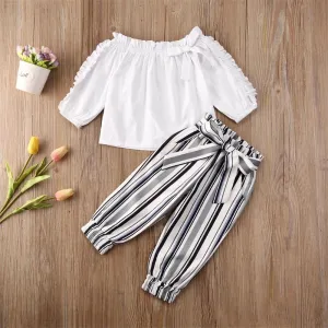 Girls Ruffed Bow Decor Long Sleeve Top & Striped Pants