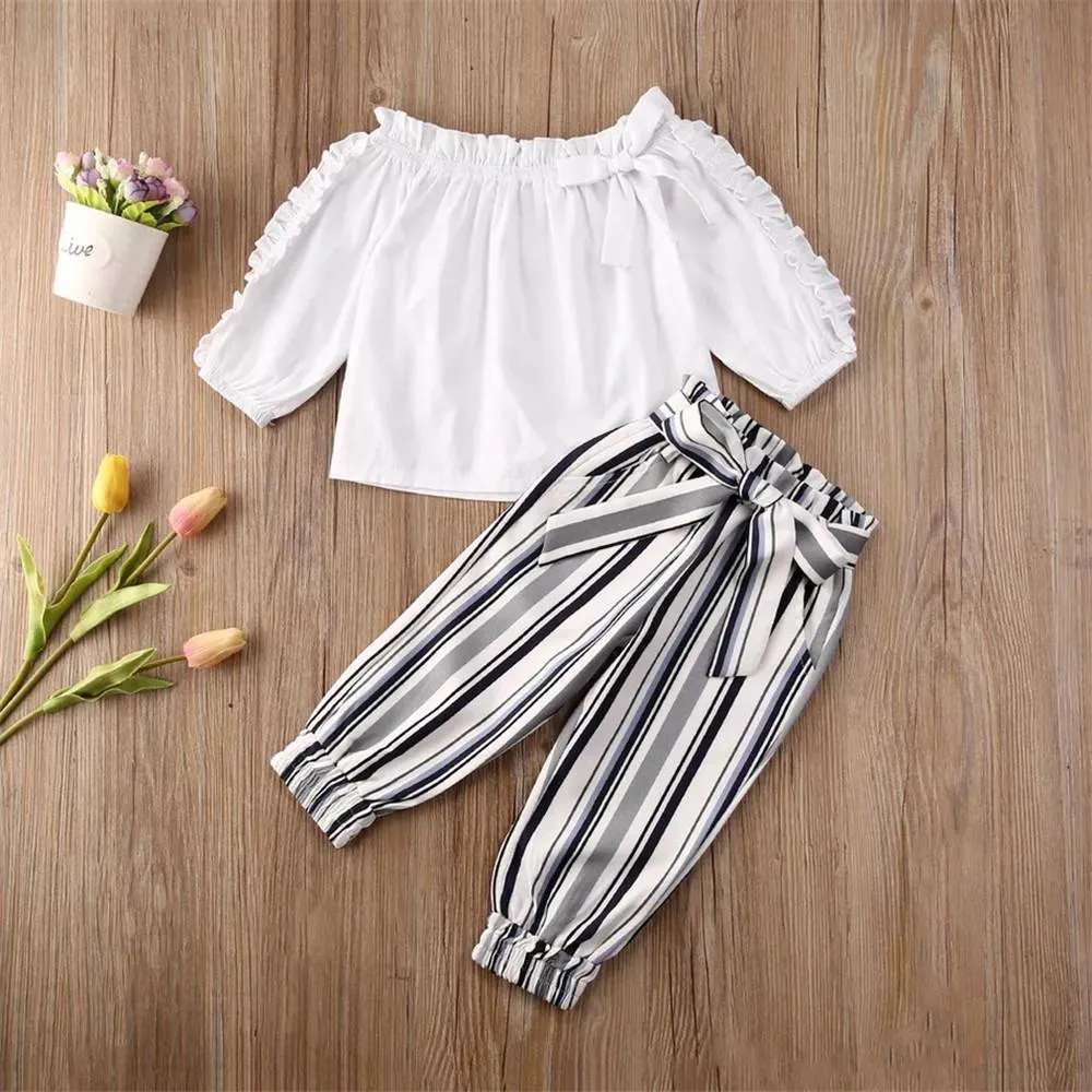 Girls Ruffed Bow Decor Long Sleeve Top & Striped Pants