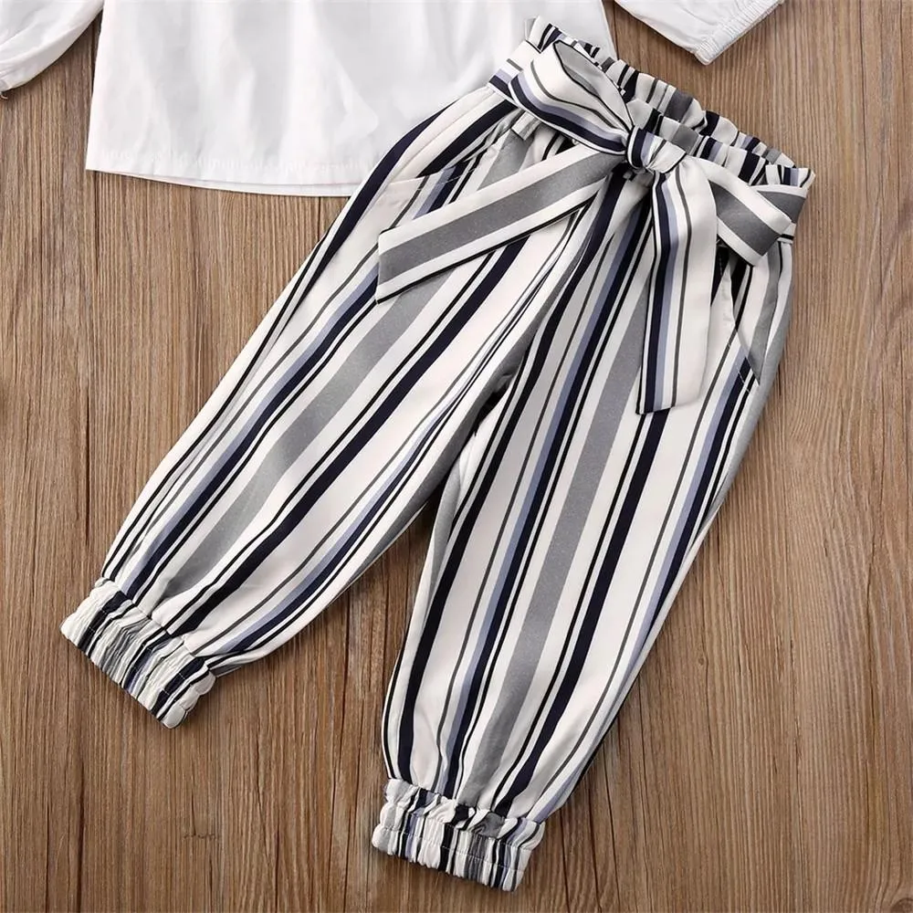 Girls Ruffed Bow Decor Long Sleeve Top & Striped Pants