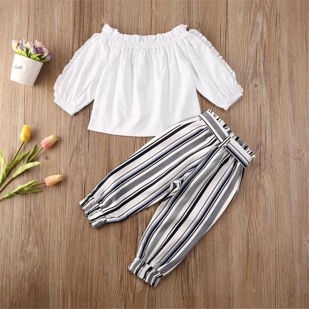 Girls Ruffed Bow Decor Long Sleeve Top & Striped Pants