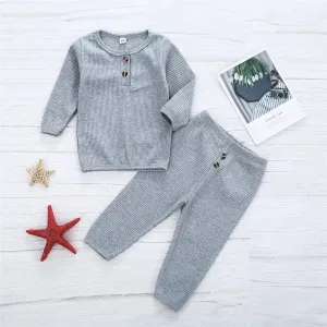 Girls Solid Button Long Sleeve Crew Neck Top & Pants Wholesale Girls