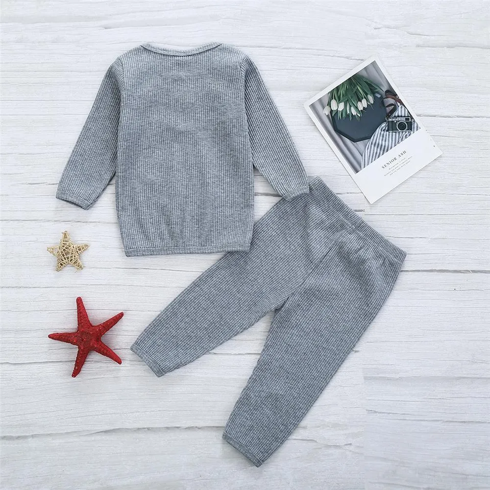 Girls Solid Button Long Sleeve Crew Neck Top & Pants Wholesale Girls