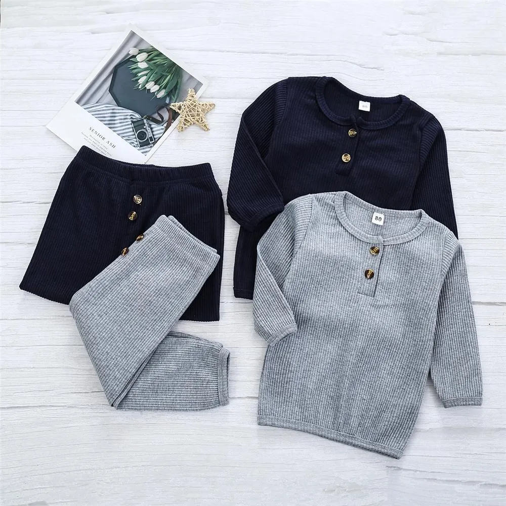 Girls Solid Button Long Sleeve Crew Neck Top & Pants Wholesale Girls