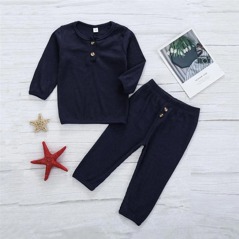 Girls Solid Button Long Sleeve Crew Neck Top & Pants Wholesale Girls