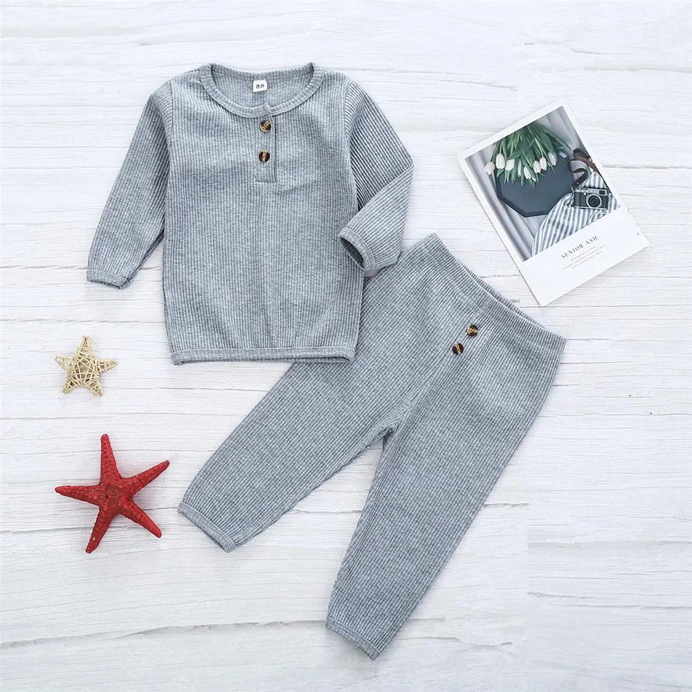 Girls Solid Button Long Sleeve Crew Neck Top & Pants Wholesale Girls